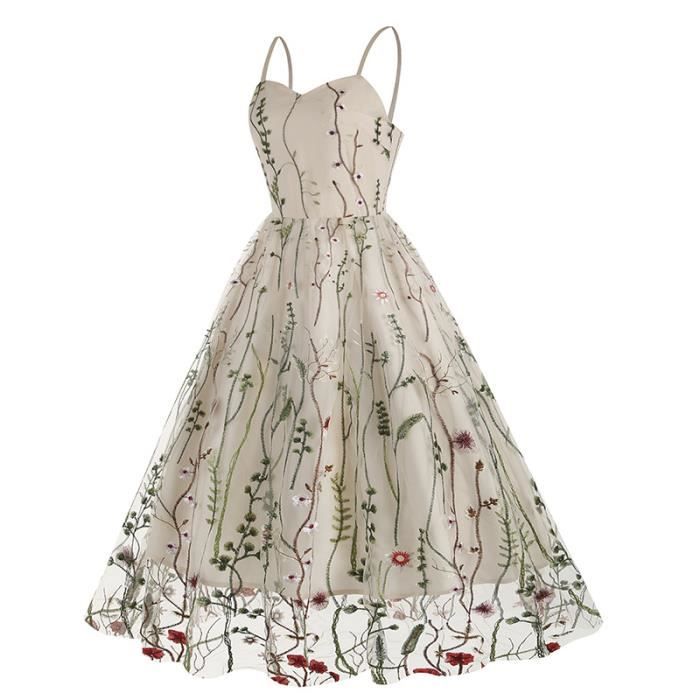 Broderie Robe Fleurs Femme Annee 50 60 Vintage Pin up A Line sans Manches Slip Cou chri Rockabilly Swing Robe de Soire Cockta Couleurs multiples Cdiscount Pret a Porter