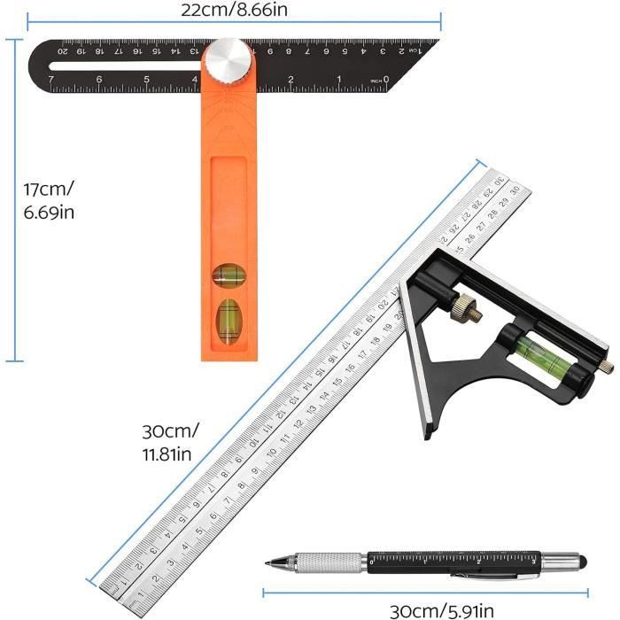 Cikonielf Équerre combinée Règle d'angle carré de combinaison réglable