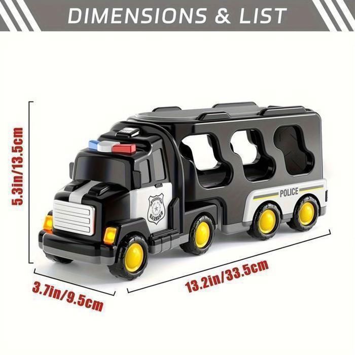 Camion Transporteur Police 5-en-1 – Avec 4 Véhicules Miniatures, Lumière Et Sirène – Friction – Dès 3 Ans