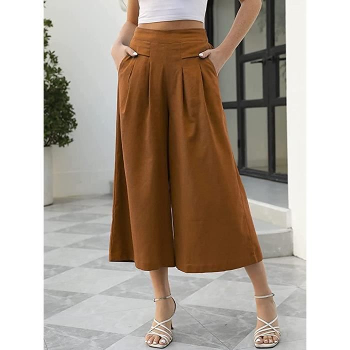 Pantalon Femme Fluide Large Marron Grande Taille Ete Decontractee 7 8 Taille Elastique Jupe Culotte Ample