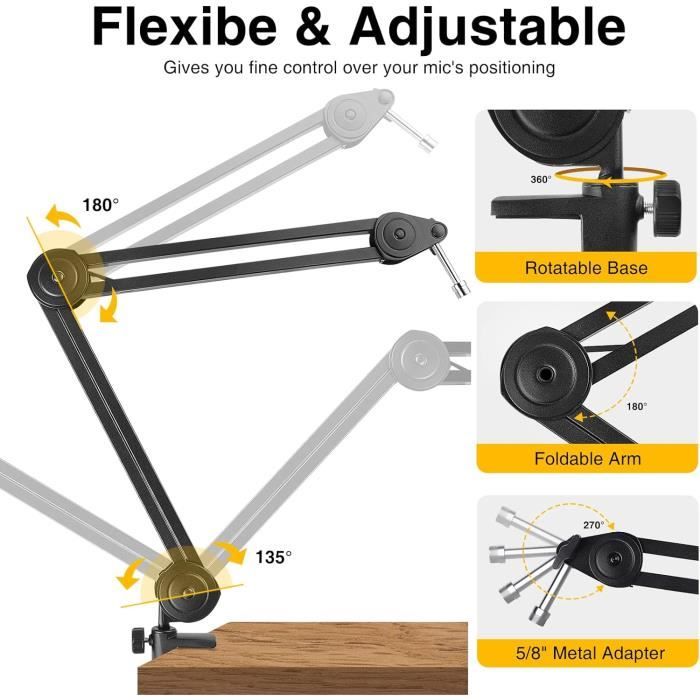 Support Flexible En Col De Cygne Pour Microphone - Pince De Bureau, Réglable à 360°, Noir