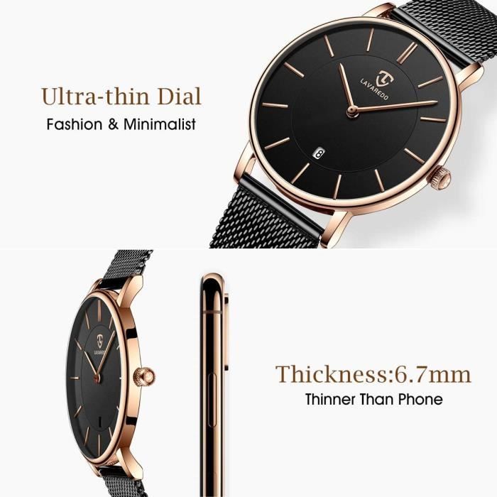 Montre Bracelet Homme/femme Ultra Fine - Quartz - Noir - Sans Marque - Neuve