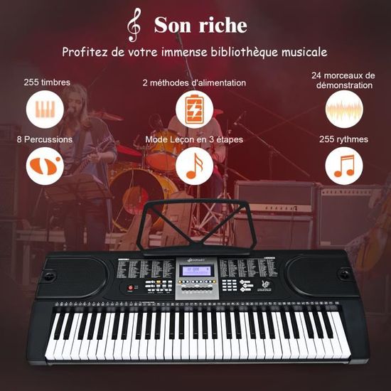 COSTWAY Clavier Piano Électrique 61 Touches Instrument Portable avec Microphone Adultes Tabouret Pliable et Écran LCD pour Enfants Support Réglable Débutants 84,5 x 32,5 x 10CM