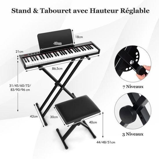 COSTWAY Clavier Piano Électrique 61 Touches Instrument Portable avec Microphone Adultes Tabouret Pliable et Écran LCD pour Enfants Support Réglable Débutants 84,5 x 32,5 x 10CM