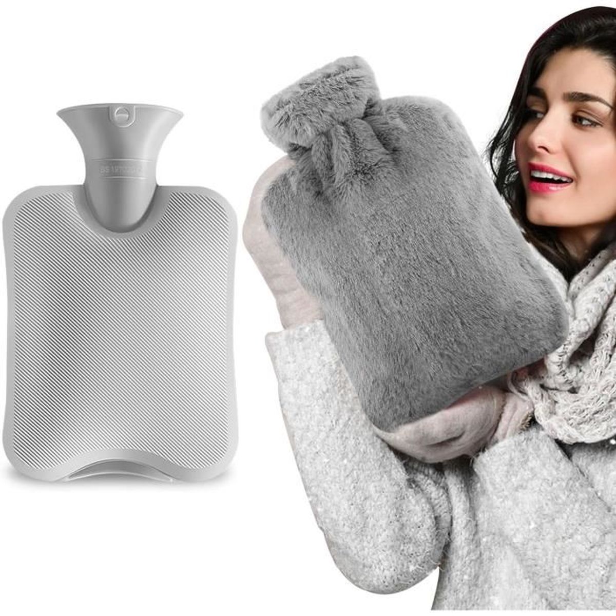 Bouillotte Mouji 2 Litres Avec Housse Peluche - Pour Adultes Et Enfants - Chaleur Longue Durée