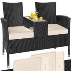 CASARIA Banc de jardin en polyrotin 2 places avec coussins table intégrée 143 x 55 x 88 cm Salon de jardin extérieur noir