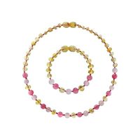 Box bracelet et collier bébé en pierres naturelles - Ambre Lemon / Quartz rose / Calcédoine Jaune Rose Et Rose Clair