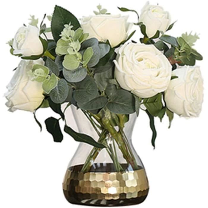 Fleurs artificielles Rose Blanche Artificiel avec Vase en Verre Set Bouquet  Fleurs Faux Fleurs et Feuille Verte de Fleurs de [2988] - Cdiscount Maison