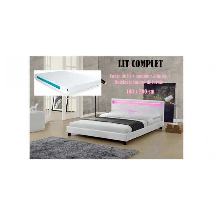 LIT COMPLET PU Blanc LED 160x200 Matelas