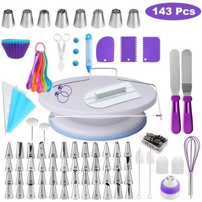 143Pcs Kit de Décoration de Gâteaux, Plateau Tournant, 56Pcs Douilles, Poche de Pâtisseries, Ustensiles de Pâtisserie pour Bricolage