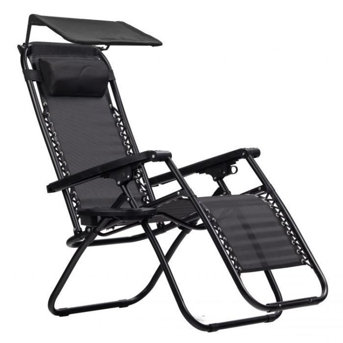 MSTORE - Chaise longue de jardin pliant + auvent - Réglage sur 3 niveaux - Porte-journaux + plateau - Chaise de balcon terrasse -