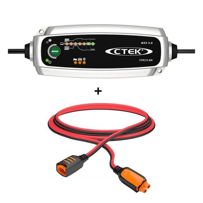 Kit CTEK MXS 3.8 + cable rallonge 2,5m - Chargeur de batterie intelligent - 12V 3.8A, pour batterie Auto, Moto, Jetski…