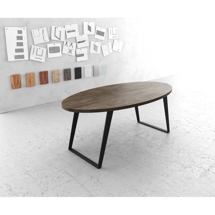 Table-de-salle-à-manger Edge ovale mangue marron 200x100cm métal noir incliné