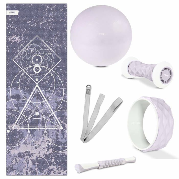 Kit 6 accessoires de yoga KITWELL-600 VIOLET, tapis, roue, fitball, sangle, 2 masseurs - FITFIU Fitness
