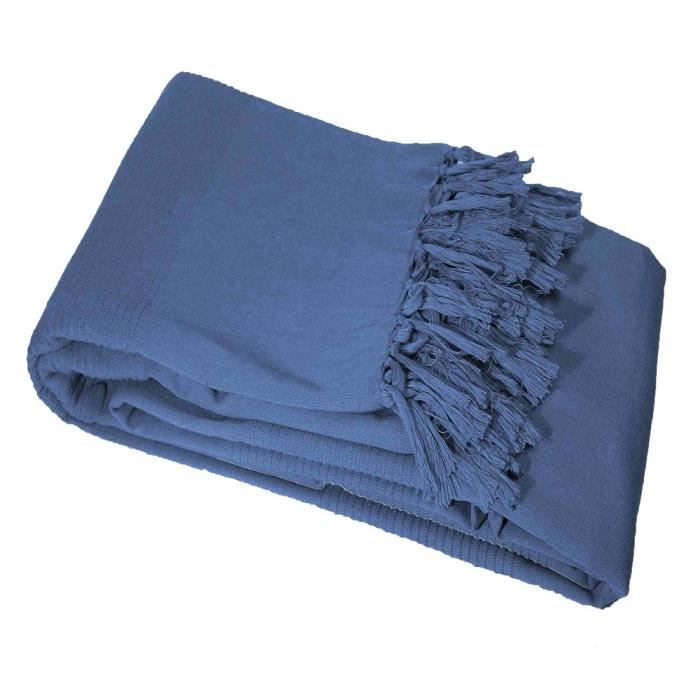 CDaffaires Jete de canape a franges 180 x 220 cm coton tisse lana Indigo