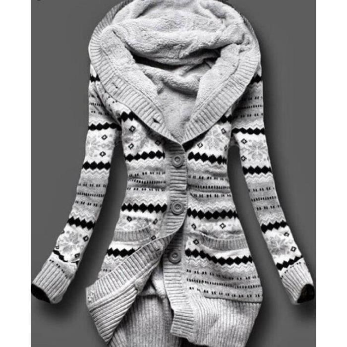 Hiver Femmes Géométrie Imprimé Cardigan À Tricot Pull Velours À Capuchon Moyen Long Outwear Occasionnel Épaissir Cardigan Chaud