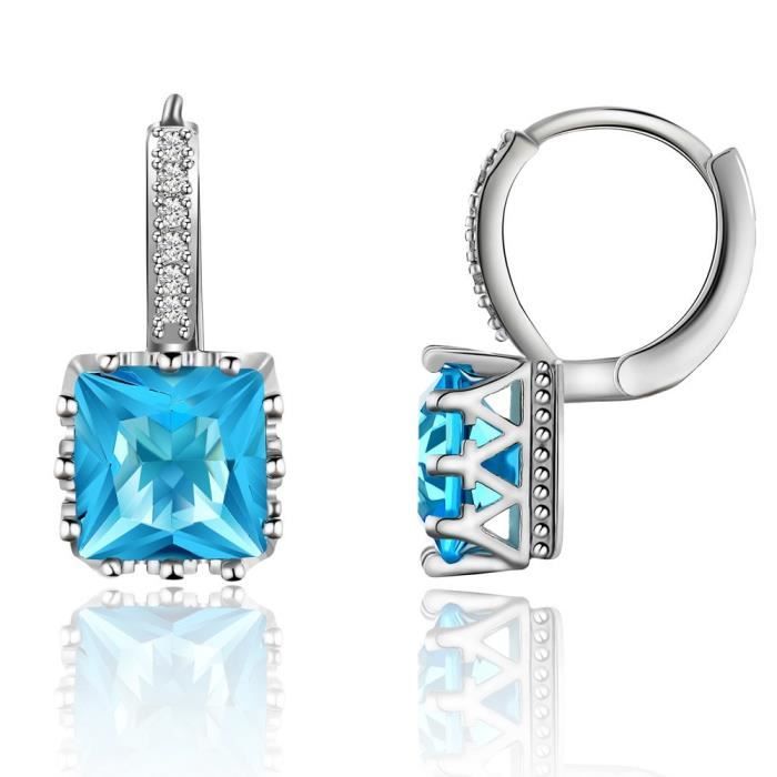 Boucles d'oreille Créoles Cristal Swarovski Elements Turquoise Plaqué Or Blanc 750