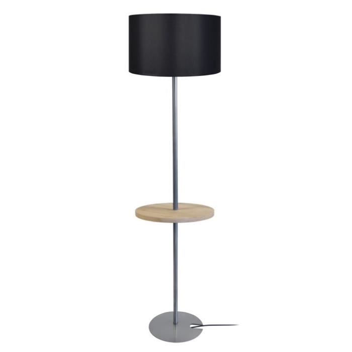 MESA Lampadaire en acier et Bois - Abat-jour Cylindrique Tissu Noir - 40 x 40 x H165 cm - E27