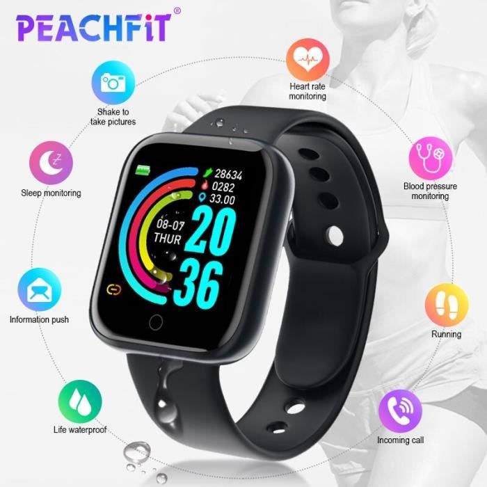 Montre connectée D20 Pro Y68 pour Android et IOS, Bluetooth, moniteur d'activité physique, de fréquence cardiaque et de pression