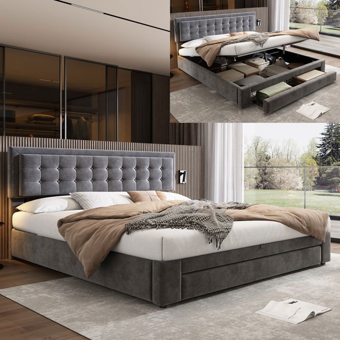 Lit coffre 180 x 200 cm avec 2 tiroirs tête de lit réglable en hauteur velours style scandinave lit adulte Gris
