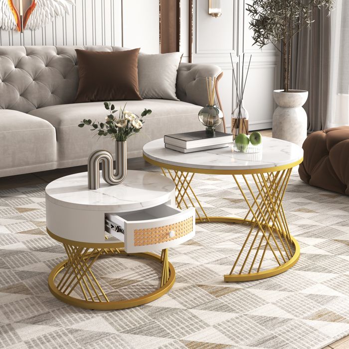 Table basse salonLot de 2 marbre Table basse gigogne Ronde 70x70x45.5+50x50x38.5cm Blanc et or