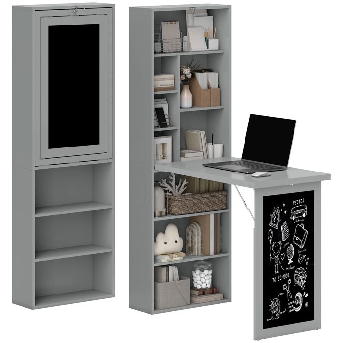 Bureau avec rangement HOMCOM pliable murale rabattable avec avec bibliothèque poste de travail tableau à craie et étagère réglable