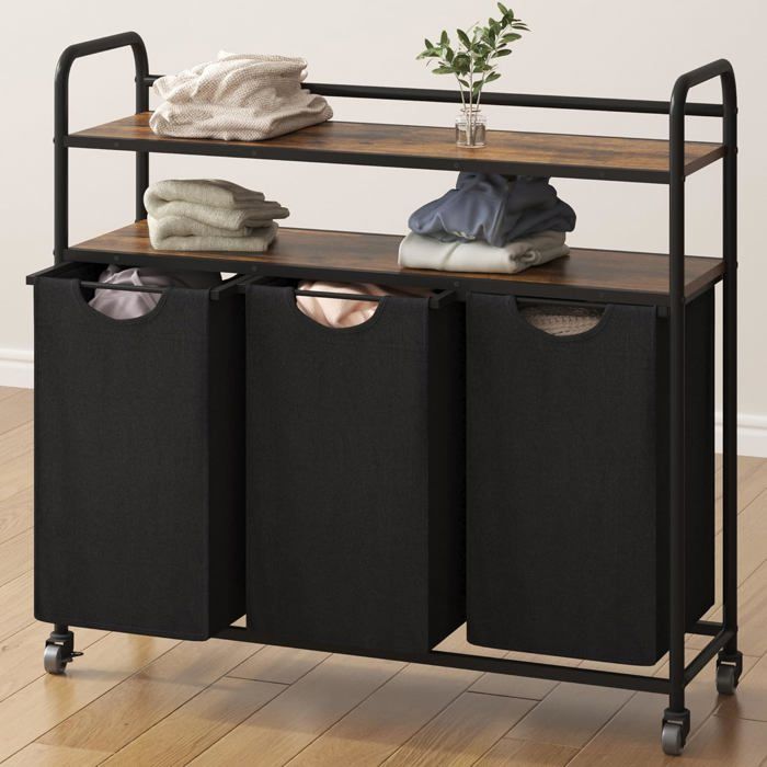 Panier à Linge 3 Compartiments Avec Roulettes FIONESO - 120 L, Plateau MDF, 2 Tiroirs - 80x32x76.5 Cm - Pour Buanderie, Salle De Bain