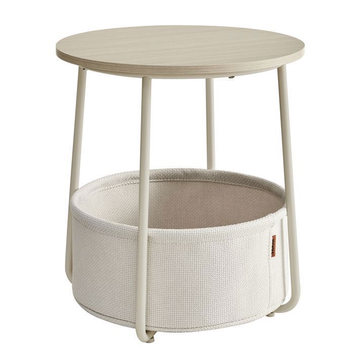 Petite Table Basse Ronde Table d’Appoint avec Panier en Tissu pour Salon Chambre Style Moderne Beige Naturel et Blanc Crème