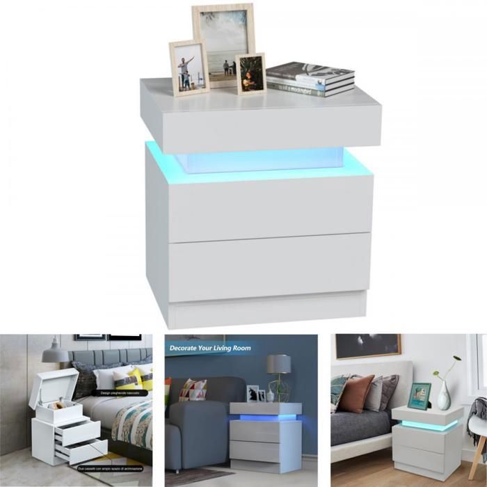Table de Chevet - XUANYU  -Tables de Chevet Haute Brillance Avec 2 Tiroir 16 Couleurs Lumières LED4 Modes de Luminosité - Blanc