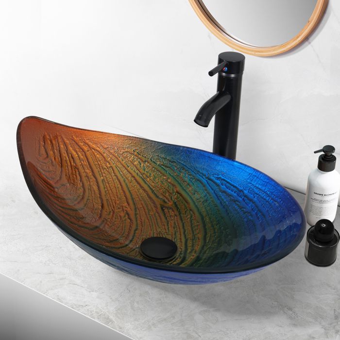 Vasque à Poser avec Robinetterie Lavabo Lave-Mains Évier pour Salle de Bain Ovale 55 cm