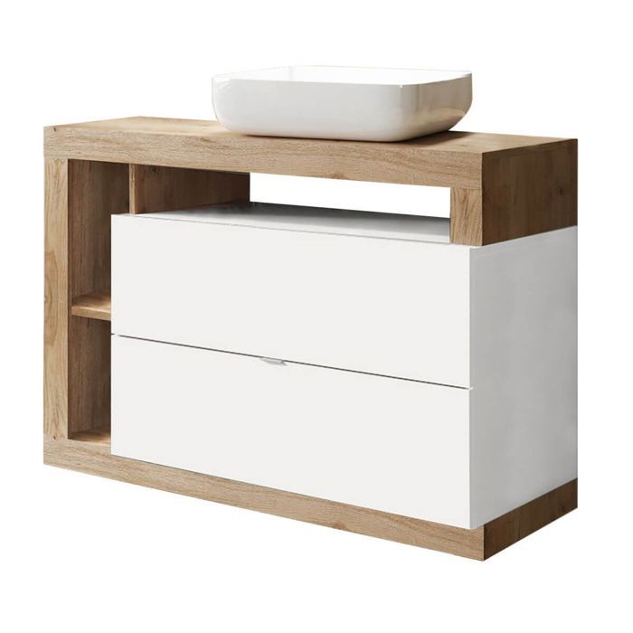 ARTURO - Meuble Vasque 110cm 2 tiroirs blanc laqué et aspect bois finition Cadiz ARTURO - Meuble Vasque 110cm 2 tiroirs blanc laqué et aspect bois finition Cadiz