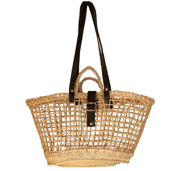 Sac panier en fibre de palmier et anses cuir noir Naturel 55x25 cm