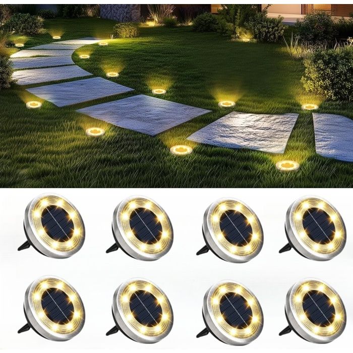 12 Pièces Lampes Solaires Au Sol 8 LED - Éclairage Extérieur Jardin Allée Terrasse Blanc Chaud Étanche