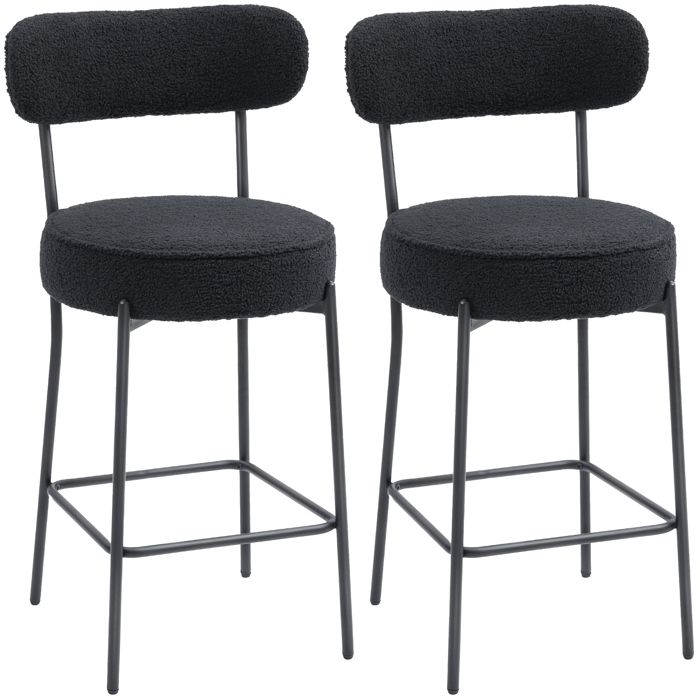 Lot de 2 tabourets de bar - HOMCOM - assise large dossier courbé et repose-pieds - tissu bouclette - 49x52x95cm - noir