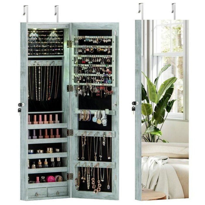 Armoire à Bijoux Murale - RELAX4LIFE - Éclairage LED - Porte avec Serrure - 2 Tiroirs - Peu Encombrante - 35 5X10X120CM - Bleu