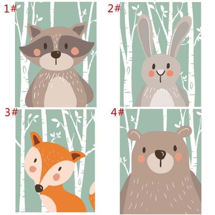 Lot de 4 Pièces Peinture en Toile sans Cadre Poster Animaux Ornement Chambre Enfant Décor Maison Café-keeper