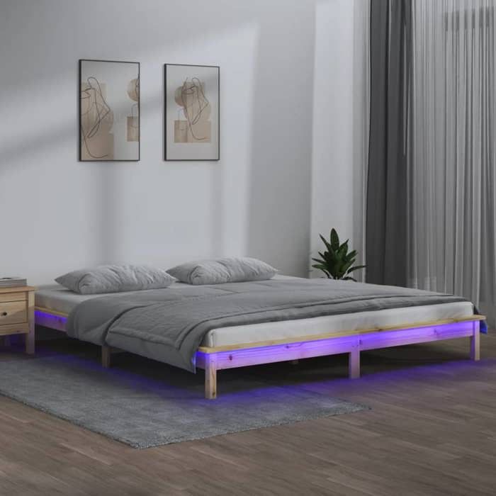 CHIC Lit adulte2 places - 180x200 cm Structure/Cadre de lit à LED 180x200 cm Super King Bois massif #Sara68579