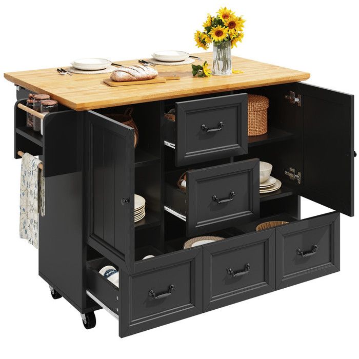Desserte îlot de Cuisine Armoire Buffet Chariot de Cuisine Extensible sur Roulettes Porte-Serviettes 2 Portes 5 Tiroirs Noir