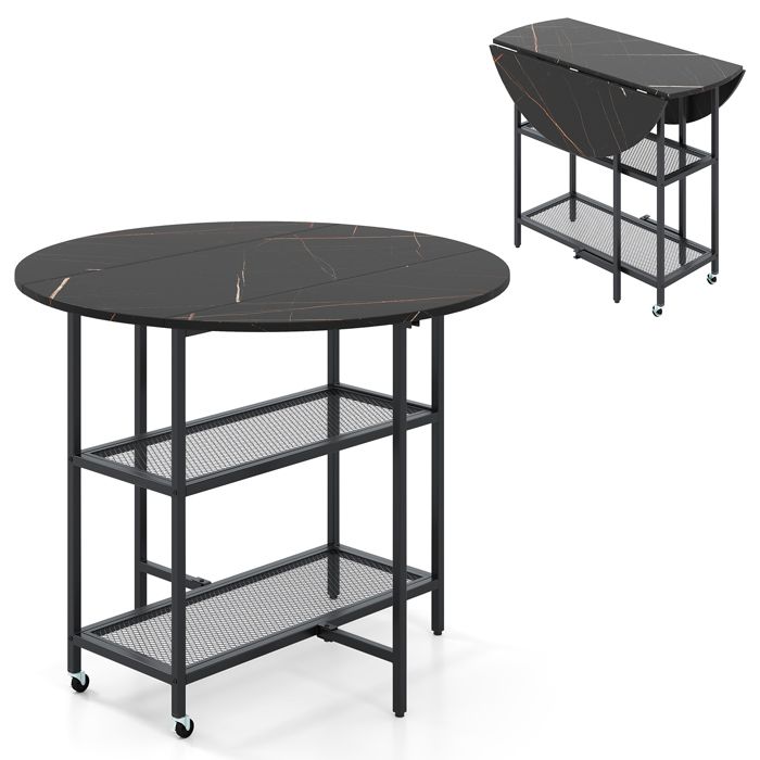 GIANTEX Table à Manger Pliante avec 2 Roulettes Etagères à 2 Niveaux Plateau en effet marbre Cadre en Métal 100x100x80cm Noir