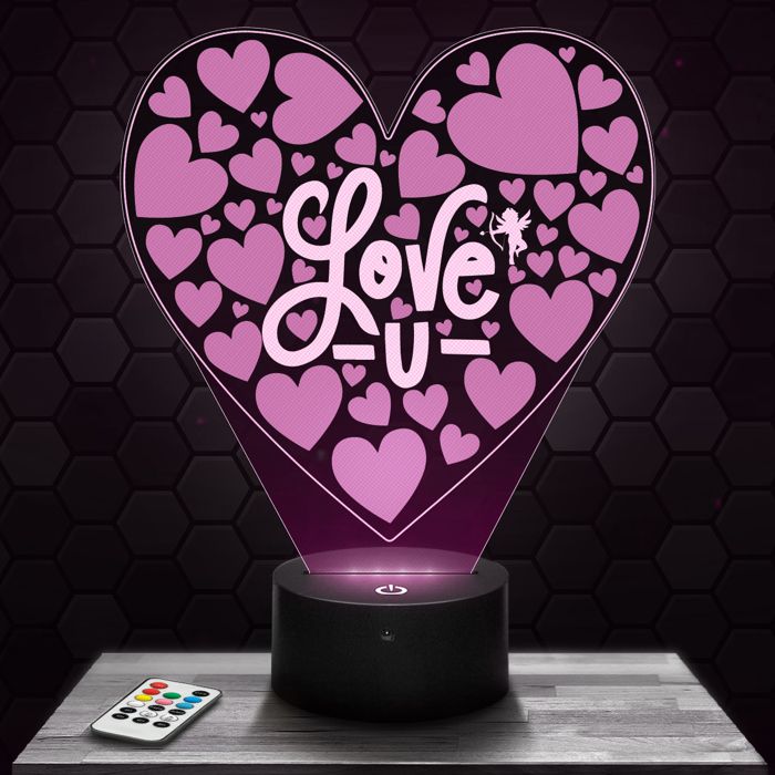 Lampe 3D - Coeur Saint-Valentin - Accessoire Objet Cadeau Coeur Saint-Valentin - Veilleuse Led Tactile avec socle au choix