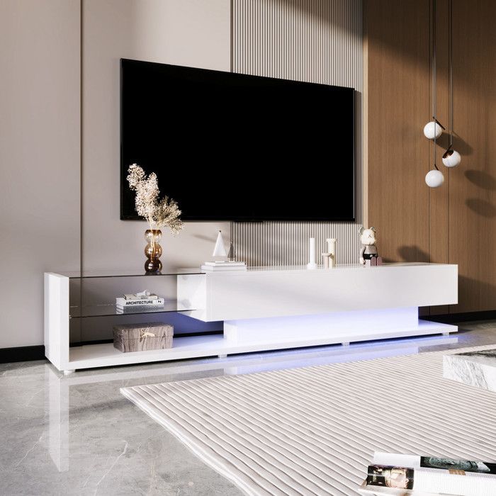 Meuble TV avec Eclairage LED Meuble Tele avec Rangement Ouvert Cloisons en Verre Blanc Brillant Design Moderne 170x36x38cm Blanc