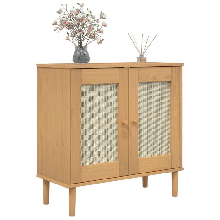 Buffet en bois aspect rotin - vidaXL - 80x35x80 cm - Bois de pin massif - Résine tressée - 2 portes