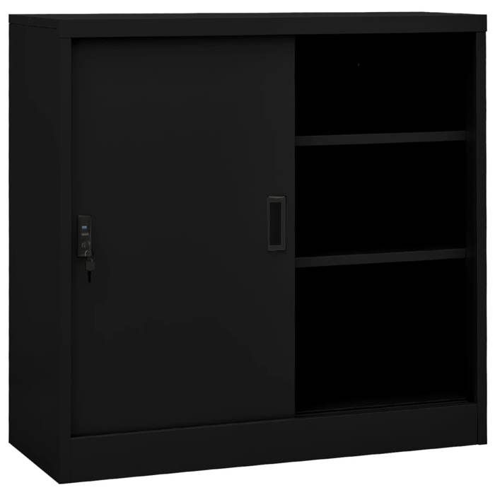 Armoire de bureau avec porte coulissante - JILL - Noir - 90x40x90 cm - Acier - 2 étagères réglables - Capacité 60 kg