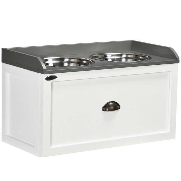 Gamelle Surélevée Blanche 2x2L Inox Avec Tiroir-Écuelle Ergonomique Chat Chien-Facile À Nettoyer Stable-Design Moderne Pratique