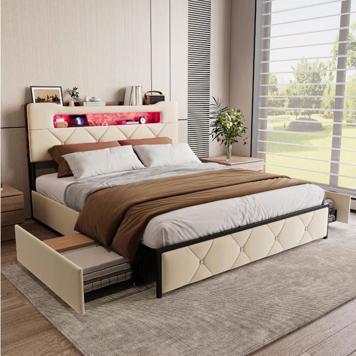 Lit double 140x200 cm en gris Carde de lit adulte 140x200 cm en métal et panneaux LED et 4 tiroirs 2 personnes Sommier Velours