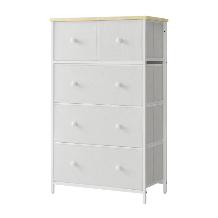 Commode armoire de rangement avec 5 tiroirs en acier tissu pour lentrée le salon blanc et couleur chêne Commode armoire de rangement avec 5 tiroirs en acier tissu pour lentrée le salon blanc et couleur chêne
