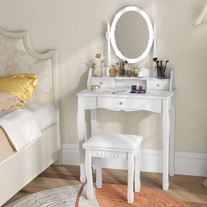GIANTEX Coiffeuse avec Tabouret Miroir Pivotant à 360° Lumières LED Règlable Pieds en Pin 3 Tiroirs 75 x 40 x 143 cm Blanc GIANTEX Coiffeuse avec Tabouret Miroir Pivotant à 360° Lumières LED Règlable Pieds en Pin 3 Tiroirs 75 x 40 x 143 cm Blanc