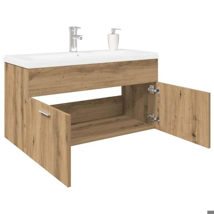 Brun Meuble sous évier SARAZYJ ARMOIRE DE LAVABO et bassin intégré chêne artisanal bois ingénierie E2632
