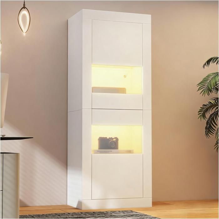 Vitrine brillante avec éclairage LED portes en acrylique armoire haute autoportante meuble de rangement pour salon 162 cm blanc