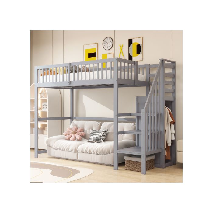 LIT MEZZANINE 90x200 - VVBV - Pin massif - Escalier avec armoire - Gain de place 140cm